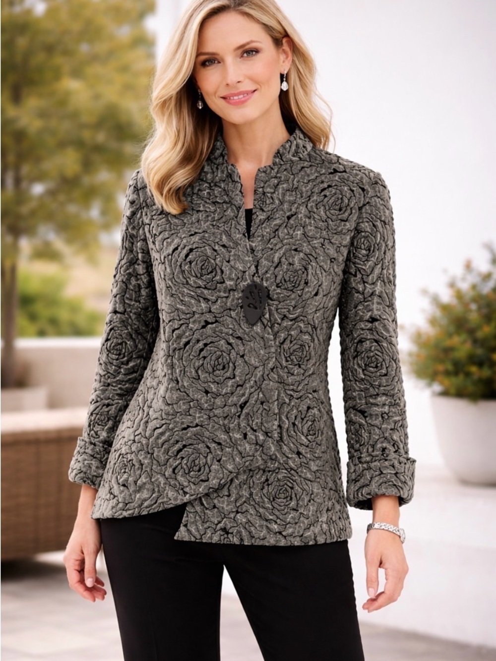 IC By Connie Asymmetrical Button Floral Textured Jacket Career Silver Size S